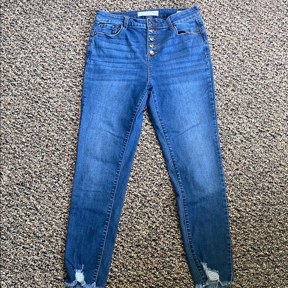 High Rise Blue Jeans with Distressed Hem